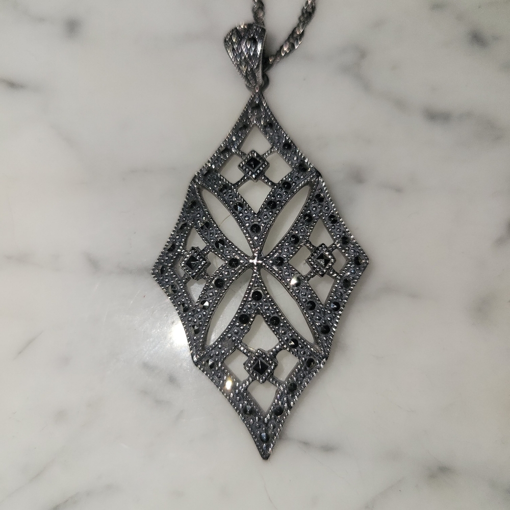Sterling Silver and Marcasite Necklace with Marquis Pendant